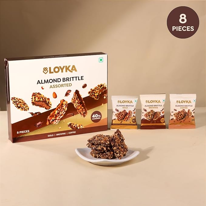 Loyka Almond Brittle Assorted Choco Box - 8 pcs 116gm | Premium Chocolate Gift Hamper | Choco & Nut Dryfruit Delicacy | Roasted California Almonds (40%), Dark Choco & Salted Caramel |