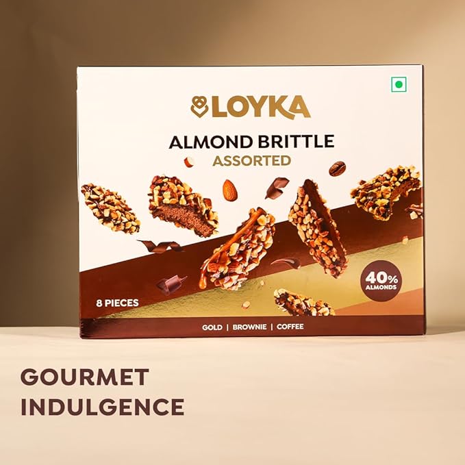 Loyka Almond Brittle Assorted Choco Box - 8 pcs 116gm | Premium Chocolate Gift Hamper | Choco & Nut Dryfruit Delicacy | Roasted California Almonds (40%), Dark Choco & Salted Caramel |