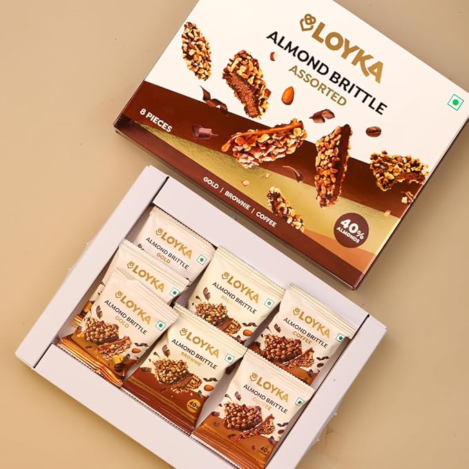 Loyka Almond Brittle Assorted Choco Box - 8 pcs 116gm | Premium Chocolate Gift Hamper | Choco & Nut Dryfruit Delicacy | Roasted California Almonds (40%), Dark Choco & Salted Caramel |