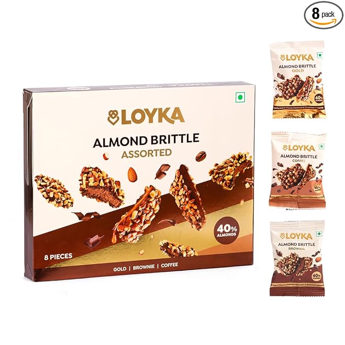 Loyka Almond Brittle Assorted Choco Box - 8 pcs 116gm | Premium Chocolate Gift Hamper | Choco & Nut Dryfruit Delicacy | Roasted California Almonds (40%), Dark Choco & Salted Caramel |