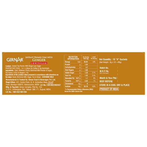 GIRNAR- Instant Premix with Ginger- Low Sugar- 10 Sachets