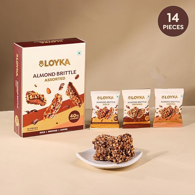 Loyka Almond Brittle Assorted Choco Box - 14 Pcs | Premium Chocolate Gift Hamper | Choco & Nut Dryfruit Delicacy | Roasted California Almonds (40%), Dark Choco & Salted Caramel | Any-time snack