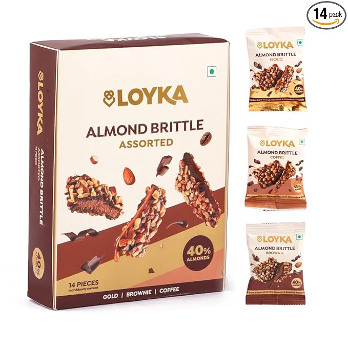 Loyka Almond Brittle Assorted Choco Box - 14 Pcs | Premium Chocolate Gift Hamper | Choco & Nut Dryfruit Delicacy | Roasted California Almonds (40%), Dark Choco & Salted Caramel | Any-time snack