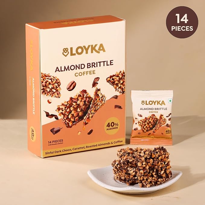 LOYKA Almond Brittle Coffee Choco Box-14 Pcs Premium Chocolate Gift Hamper Choco & Nut Dryfruit Delicacy Roasted California Almonds (40%),Dark Choco,Salted Caramel & Coffee Any-Time Snack,204 Grams