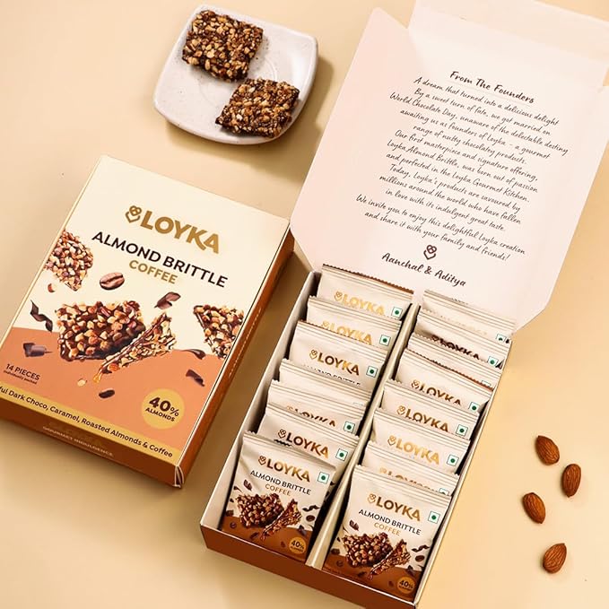 LOYKA Almond Brittle Coffee Choco Box-14 Pcs Premium Chocolate Gift Hamper Choco & Nut Dryfruit Delicacy Roasted California Almonds (40%),Dark Choco,Salted Caramel & Coffee Any-Time Snack,204 Grams