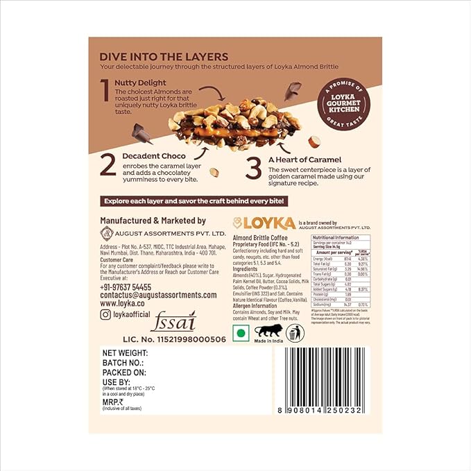 LOYKA Almond Brittle Coffee Choco Box-14 Pcs Premium Chocolate Gift Hamper Choco & Nut Dryfruit Delicacy Roasted California Almonds (40%),Dark Choco,Salted Caramel & Coffee Any-Time Snack,204 Grams