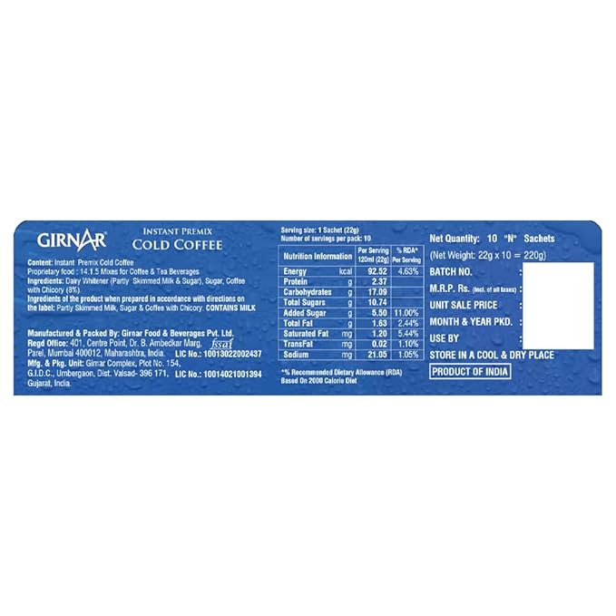Girnar - Instant Premix Cold Coffee - 10 Sachets
