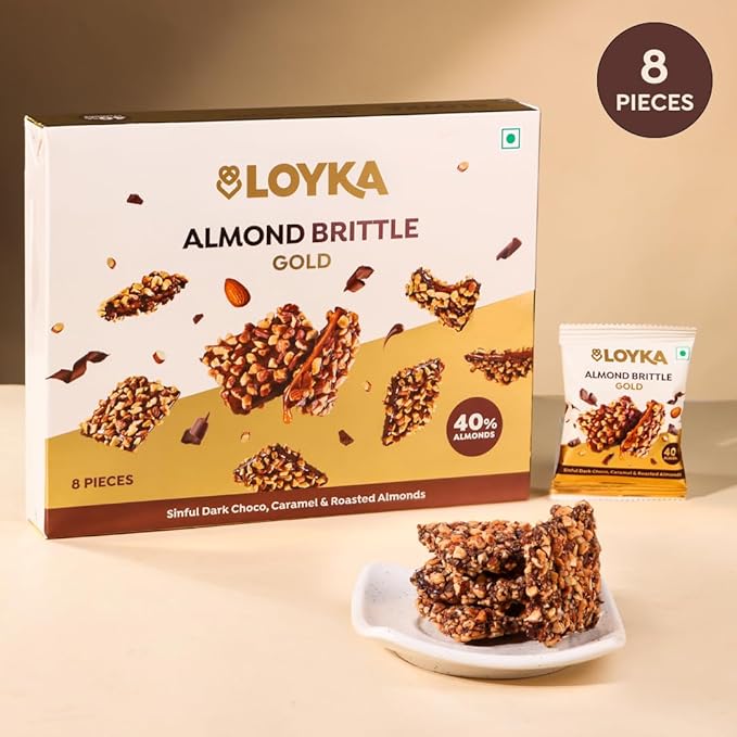 Loyka Almond Brittle Gold Choco Box - 8 pcs 116gm | Premium Chocolate Gift Hamper | Choco & Nut Dryfruit Delicacy | Roasted California Almonds (40%), Dark Choco & Salted Caramel | Any-time snack