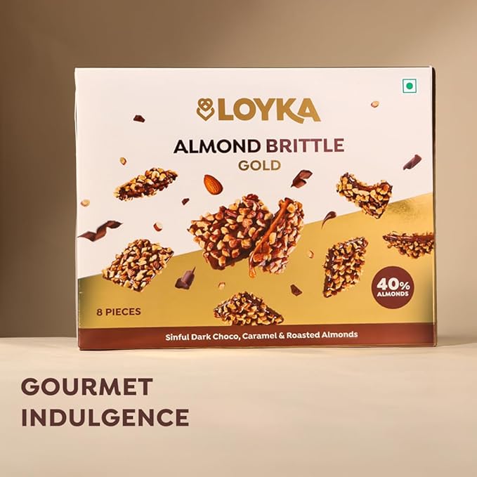 Loyka Almond Brittle Gold Choco Box - 8 pcs 116gm | Premium Chocolate Gift Hamper | Choco & Nut Dryfruit Delicacy | Roasted California Almonds (40%), Dark Choco & Salted Caramel | Any-time snack