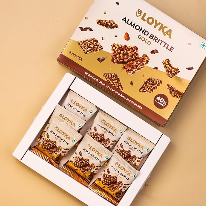 Loyka Almond Brittle Gold Choco Box - 8 pcs 116gm | Premium Chocolate Gift Hamper | Choco & Nut Dryfruit Delicacy | Roasted California Almonds (40%), Dark Choco & Salted Caramel | Any-time snack