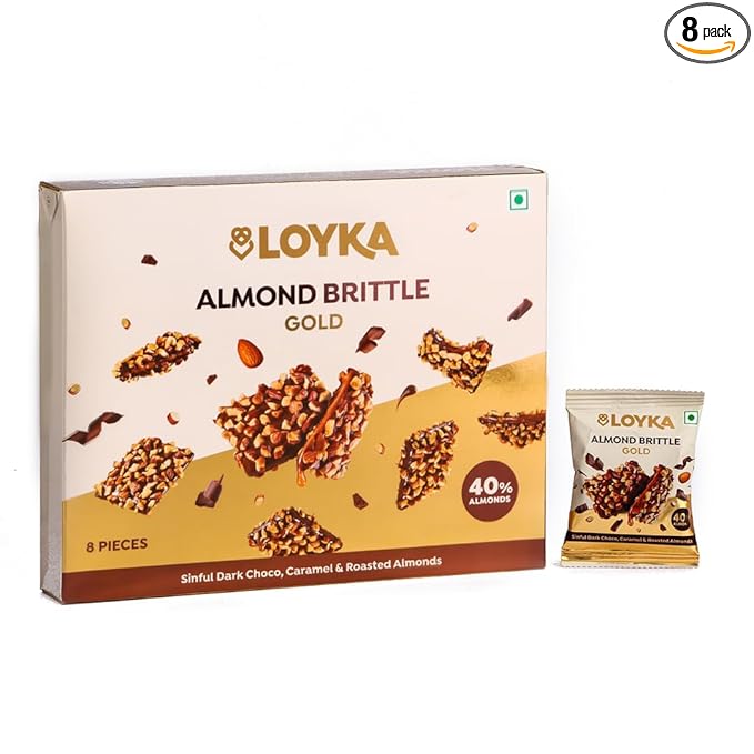 Loyka Almond Brittle Gold Choco Box - 8 pcs 116gm | Premium Chocolate Gift Hamper | Choco & Nut Dryfruit Delicacy | Roasted California Almonds (40%), Dark Choco & Salted Caramel | Any-time snack