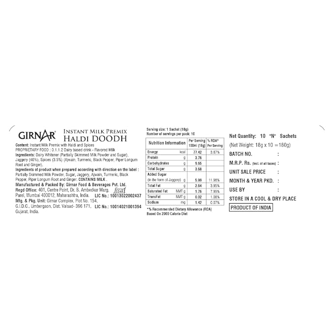 Girnar - Instant Milk Premix Haldi Doodh - 10 Sachet
