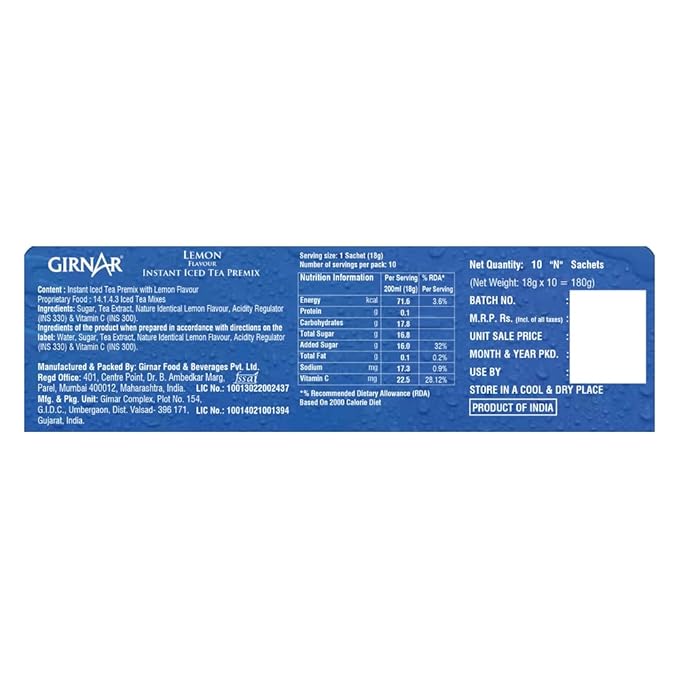 GIRNAR- Instant Iced Tea Premix - Lemon Flavour - 10 Sachets