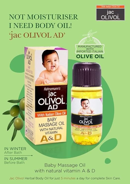 Jac Olivol AD Baby Massage Oil 100ml | With Italian Olive Oil | Witha Natural Vitamin A & D