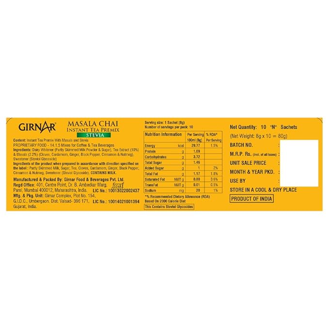 Girnar - Masala Chai Instant Tea Premix with Stevia - 10 sachets