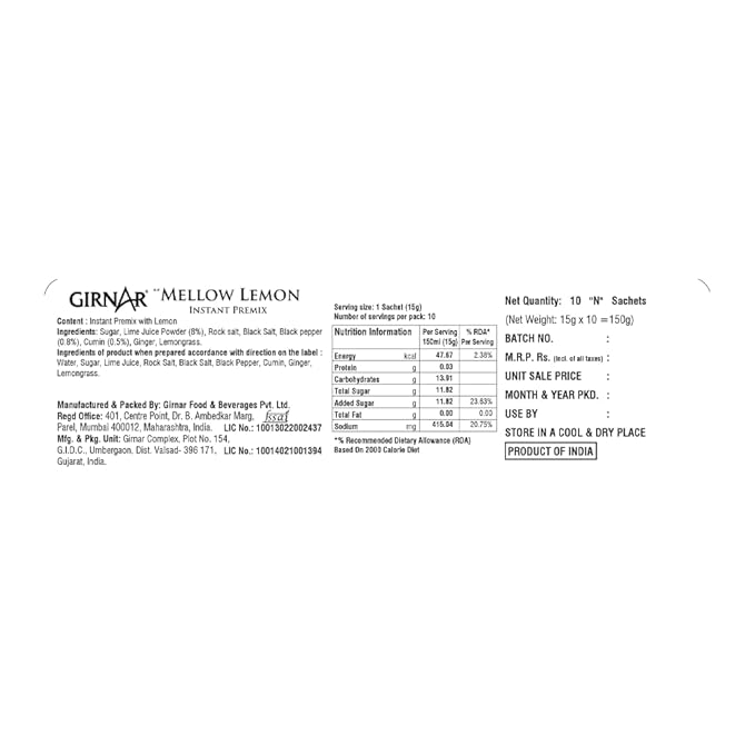 GIRNAR- Instant Premix Mellow Lemon -10 Sachets