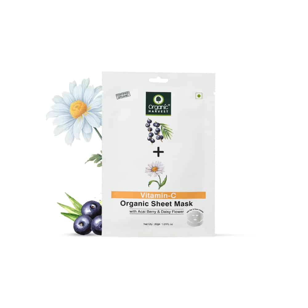 ORGANIC HARVEST-Vitamin C Face Sheet Mask, Provide Instant Hydration, Suitable for All Skin Types, 100% Organic, Sulphate & Paraben Free - 20gm