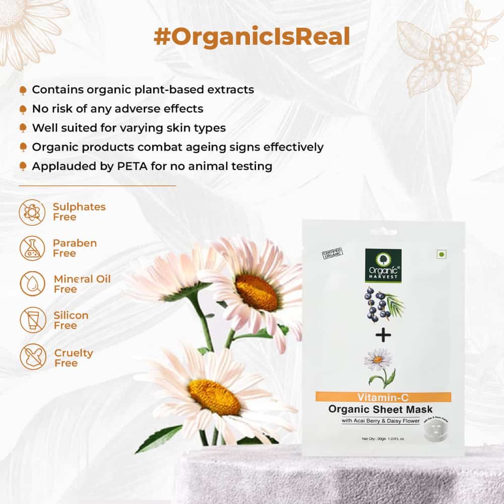 ORGANIC HARVEST-Vitamin C Face Sheet Mask, Provide Instant Hydration, Suitable for All Skin Types, 100% Organic, Sulphate & Paraben Free - 20gm